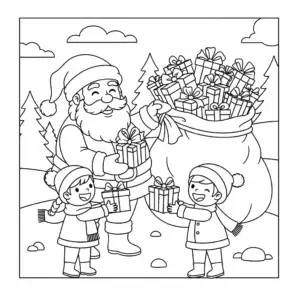 圣诞老人派礼物儿童填色图 Santa Claus coloring page for kids