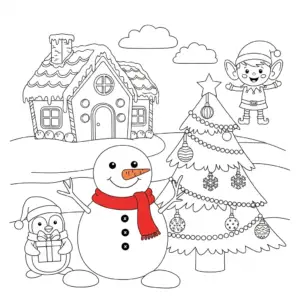 圣诞节雪人圣诞树童填色图 Santa Claus coloring page for kids