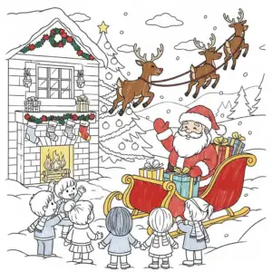 圣诞老人派礼物儿童填色图 Santa Claus coloring page for kids