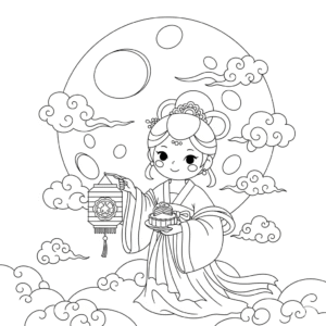 中秋节嫦娥奔月涂色图，儿童节日教育插画