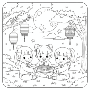 一家人赏月填色图，中秋团圆吃月饼主题，亲子绘画素材