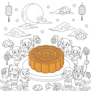 "中秋节儿童填色图：圆月、玉兔、嫦娥奔月、月饼、灯笼、赏月家庭、提灯笼等插画，适合亲子活动与节日教育使用，免费下载无水印
