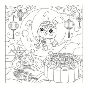 中秋节玉兔免费填色图，适合孩子学习节日文化