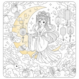 中秋节嫦娥奔月涂色图，儿童节日教育插画