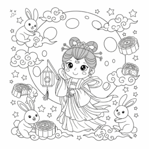 中秋节嫦娥奔月涂色图，儿童节日教育插画