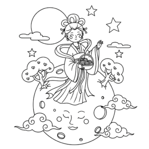 中秋节嫦娥奔月涂色图，儿童节日教育插画