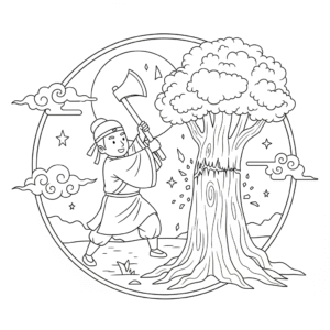 中秋节吴刚伐树涂色图，儿童节日教育插画