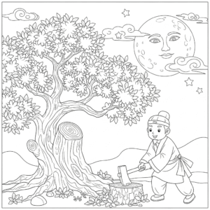 中秋节吴刚伐树涂色图，儿童节日教育插画
