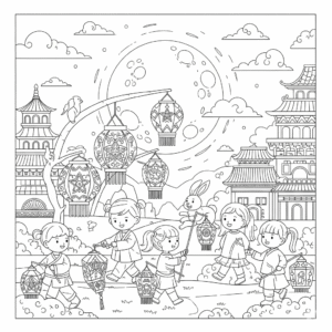 "中秋节儿童填色图：圆月、玉兔、嫦娥奔月、月饼、灯笼、赏月家庭、提灯笼等插画，适合亲子活动与节日教育使用，免费下载无水印