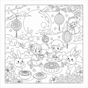 一家人赏月填色图，中秋团圆吃月饼主题，亲子绘画素材