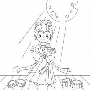 中秋节嫦娥奔月涂色图，儿童节日教育插画
