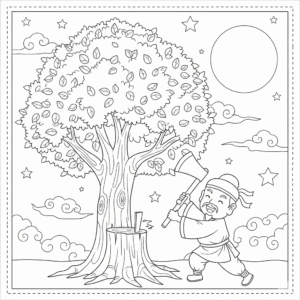 中秋节吴刚伐树涂色图，儿童节日教育插画