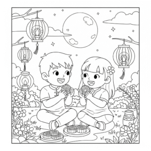 一家人赏月填色图，中秋团圆吃月饼主题，亲子绘画素材
