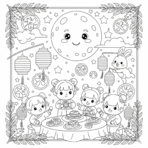 "中秋节儿童填色图：圆月、玉兔、嫦娥奔月、月饼、灯笼、赏月家庭、提灯笼等插画，适合亲子活动与节日教育使用，免费下载无水印