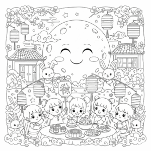 "中秋节儿童填色图：圆月、玉兔、嫦娥奔月、月饼、灯笼、赏月家庭、提灯笼等插画，适合亲子活动与节日教育使用，免费下载无水印