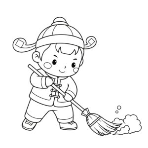 小年扫尘儿童涂色图 Child sweeping the floor for Little New Year