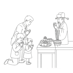 送灶神家庭祭拜儿童插画 Family offering to Zao Jun coloring page