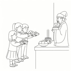 送灶神家庭祭拜儿童插画 Family offering to Zao Jun coloring page
