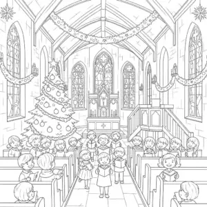 平安夜教堂烛光祷告儿童填色图 Candlelight church service coloring page - Christmas Eve