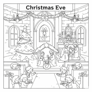 平安夜教堂烛光祷告儿童填色图 Candlelight church service coloring page - Christmas Eve