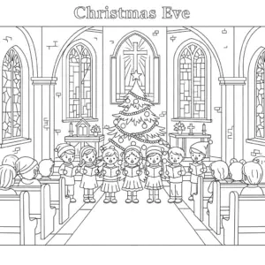 平安夜教堂烛光祷告儿童填色图 Candlelight church service coloring page - Christmas Eve