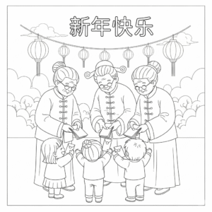 农历新年收红包儿童填色图 Child receiving red packet coloring page for Chinese New Year