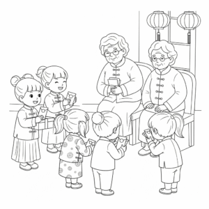 农历新年收红包儿童填色图 Child receiving red packet coloring page for Chinese New Year
