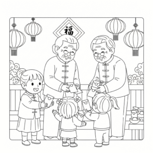 农历新年收红包儿童填色图 Child receiving red packet coloring page for Chinese New Year