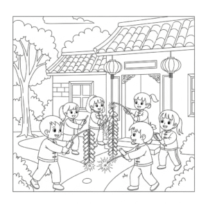 放烟花放鞭炮庆新年涂色图 Fireworks and firecrackers coloring page – Lunar New Year