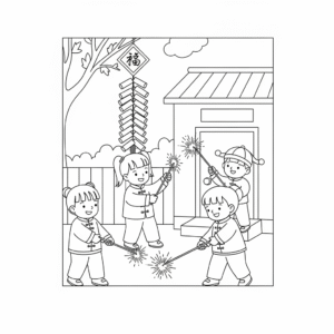 放烟花放鞭炮庆新年涂色图 Fireworks and firecrackers coloring page – Lunar New Year