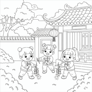 放烟花放鞭炮庆新年涂色图 Fireworks and firecrackers coloring page – Lunar New Year