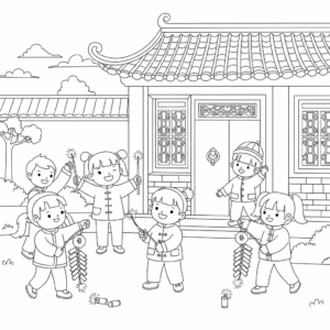 放烟花放鞭炮庆新年涂色图 Fireworks and firecrackers coloring page – Lunar New Year