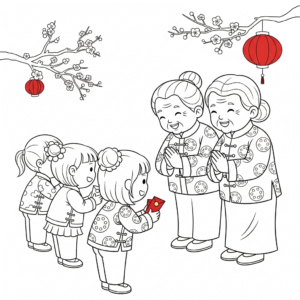 农历新年收红包儿童填色图 Child receiving red packet coloring page for Chinese New Year