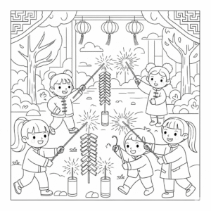 放烟花放鞭炮庆新年涂色图 Fireworks and firecrackers coloring page – Lunar New Year