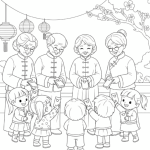 农历新年收红包儿童填色图 Child receiving red packet coloring page for Chinese New Year