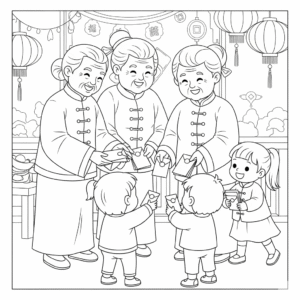 农历新年收红包儿童填色图 Child receiving red packet coloring page for Chinese New Year
