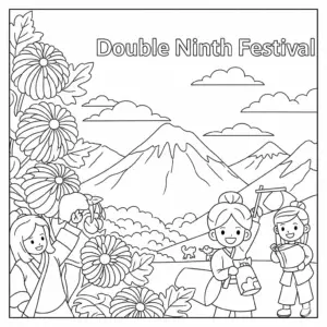 家庭一起登高庆祝重阳节填色图 Family climbing coloring page - Chongyang Festival