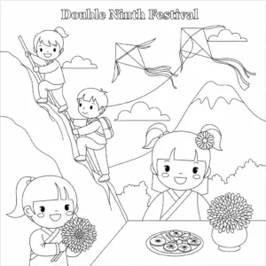 重阳节儿童登高插画填色图 Chongyang Festival hiking coloring page for kids