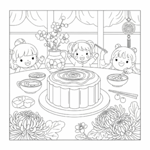 重阳节儿童吃重阳糕填色图 Child eating Chongyang cake coloring page