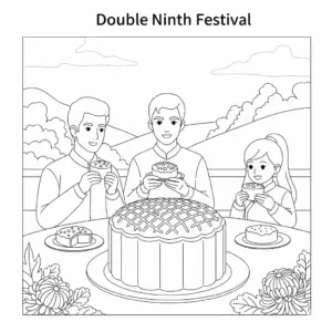 重阳节糕点插图涂色图 Chongyang cake on plate - traditional festival coloring page