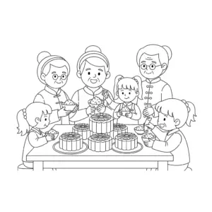 祖孙共吃重阳糕敬老节填色图 Grandparent and child enjoying Chongyang cake coloring