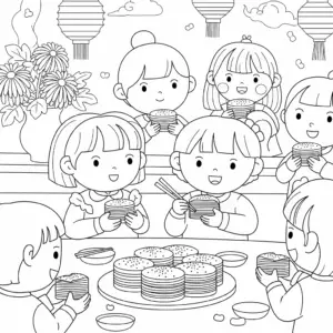 重阳节儿童吃重阳糕填色图 Child eating Chongyang cake coloring page