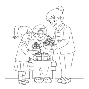 祖孙同乐敬老节填色图 Grandparent and child walking coloring page - Chongyang Festival
