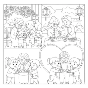 孩子为长辈送礼物敬老节填色图 Giving gift to grandparents coloring page for Chongyang