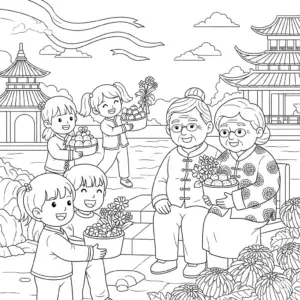 重阳节敬老儿童填色图：孩子为老人捶背、送茶 Respecting the elderly coloring page for Chongyang