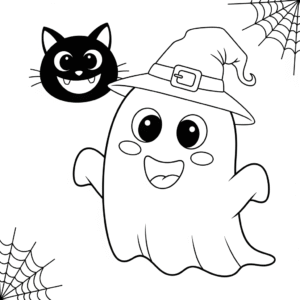 万圣节儿童黑猫幽灵填色图 Halloween pumpkin coloring page for kids
