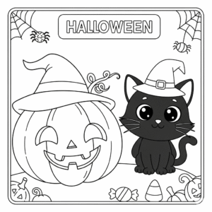 万圣节儿童南瓜黑猫填色图 Halloween pumpkin coloring page for kids