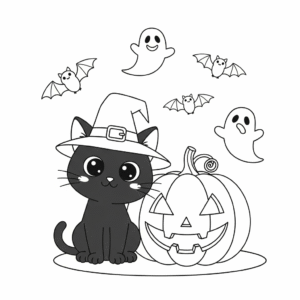 万圣节儿童南瓜黑猫幽灵填色图 Halloween pumpkin coloring page for kids