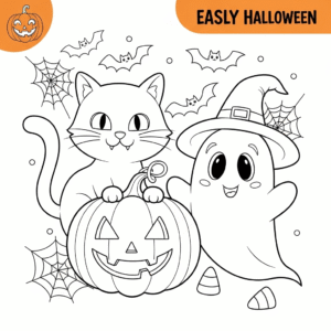 万圣节儿童南瓜黑猫幽灵填色图 Halloween pumpkin coloring page for kids