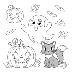 万圣节儿童南瓜黑猫幽灵填色图 Halloween pumpkin coloring page for kids